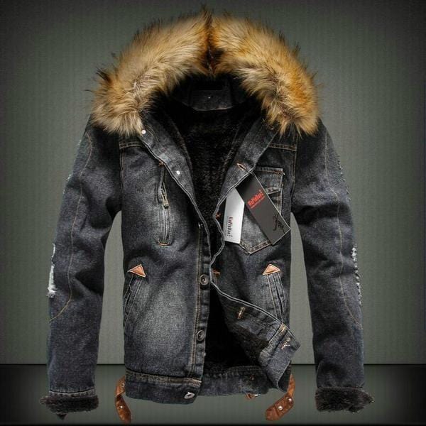 Kenzie Jeans jacket long coat fur collar size 4 button up denim | eBay
